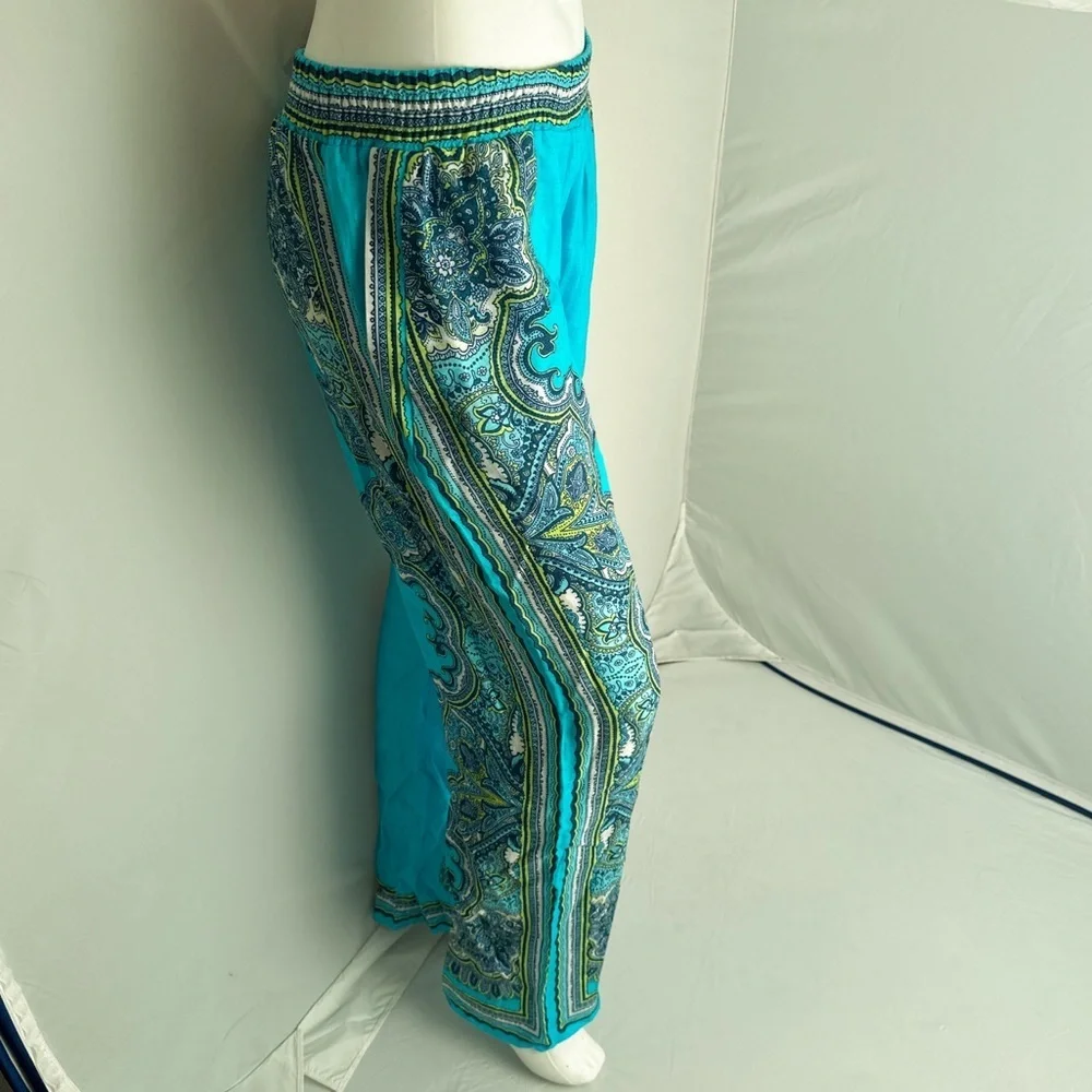 Hale Bob turquoise multicolor boho elastic waist linen pants - Picture 3 of 15
